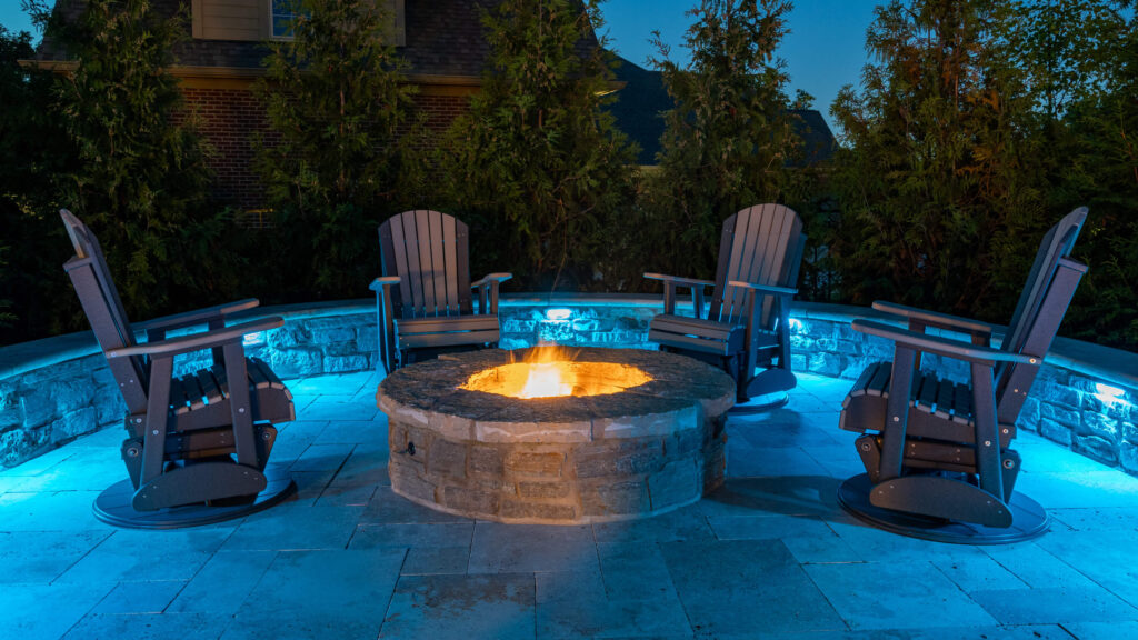 Backyard fire pit teal accent lights with permanent outdoor accent lighting