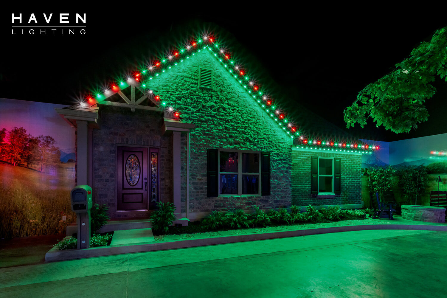 Single-story showroom home with green with logo permanent roofline and landscape lighting