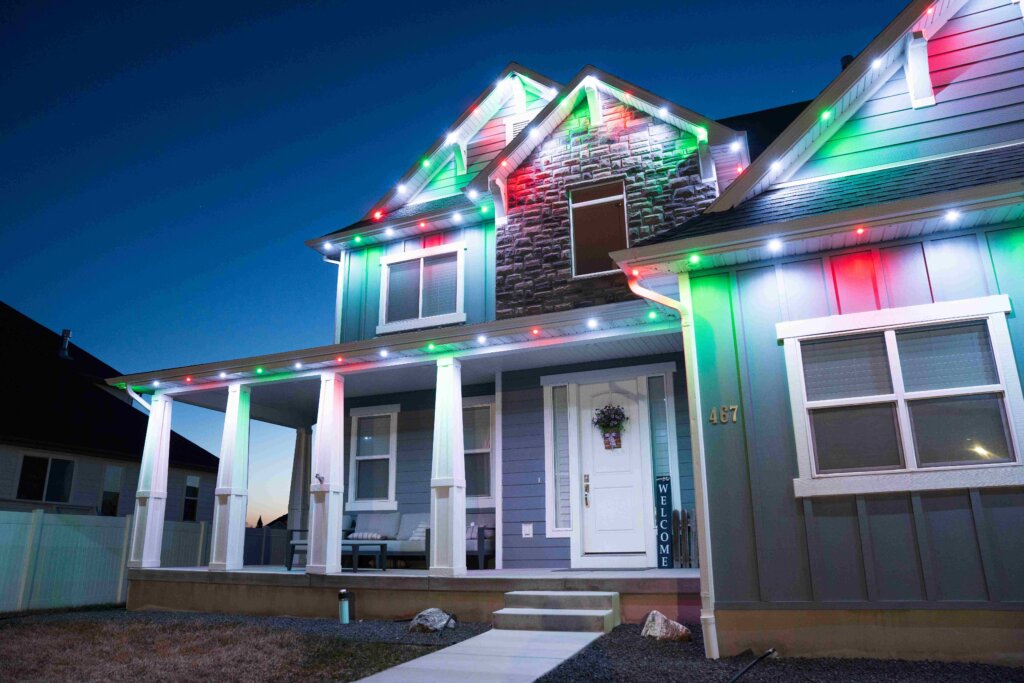 Christmas traditional home red green white with permanent outdoor lighting