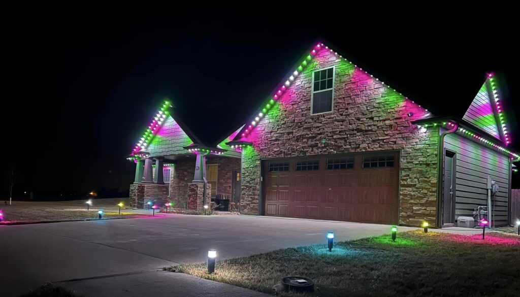 Easter pastel stone home with permanent outdoor lighting