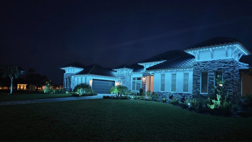 Landscape lighting blue white home with permanent outdoor lighting