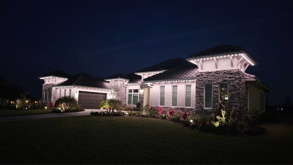 Landscape lighting white pink home with permanent outdoor lighting