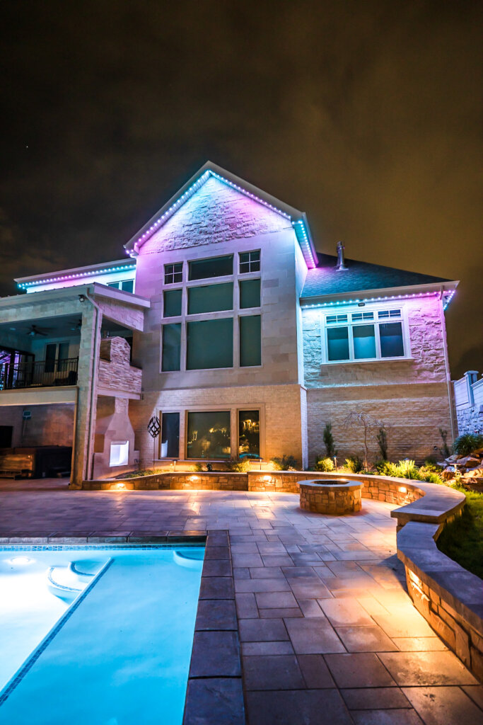 Outdoor living pool home multicolor with permanent outdoor lighting