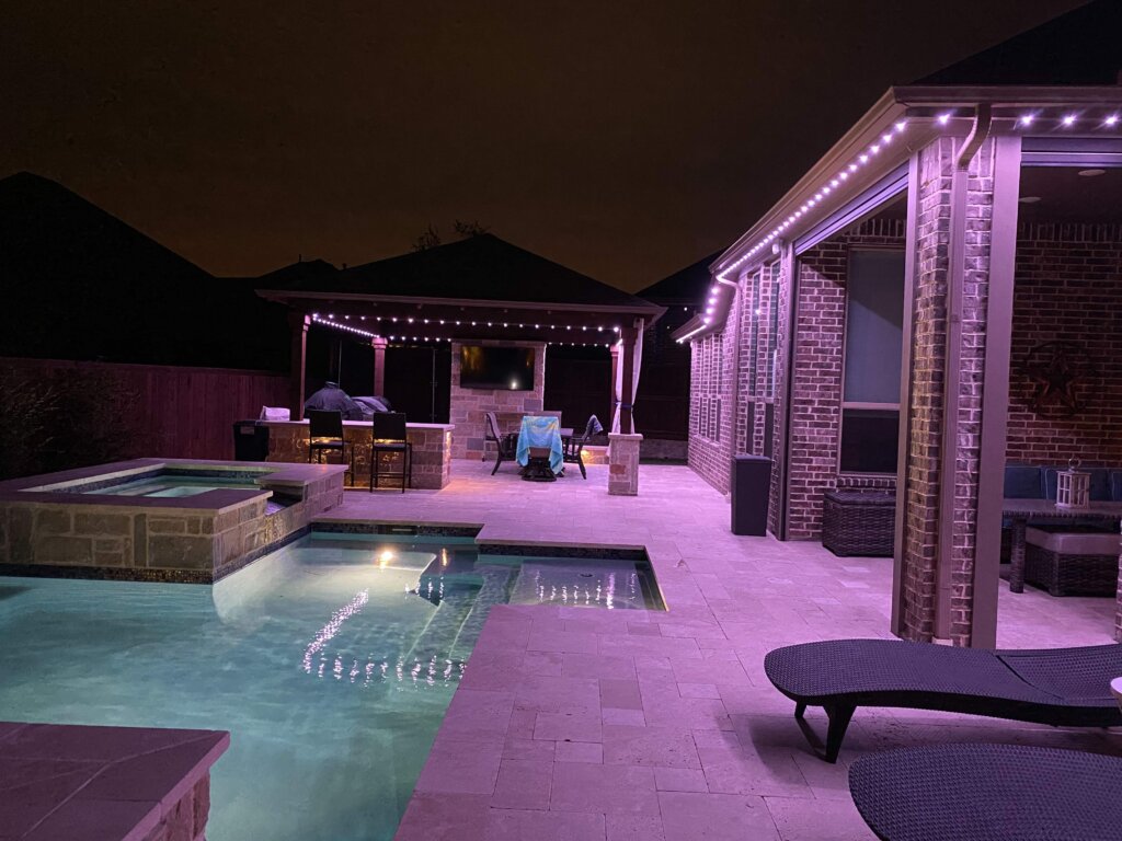 Outdoor living pool patio pink lights with permanent outdoor lighting